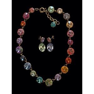 Roxanne Assoulin Signed Rainbow Crystal Necklace Earring Set Designer Jewelry